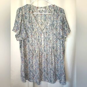 Rose Olive Flutter Sleeve Floral Blouse Top 1X Button Pleat Flowy Dainty Cottage